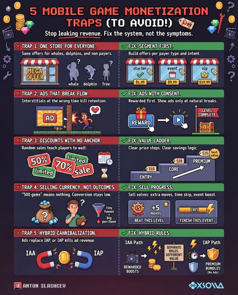 与Xsolla一起，我们总结了五个需要避免的最危险的移动游戏货币化陷阱：𝟭. 对所有人使用同一商店 🏪 • 不要向所有人展示完全相同的优惠。 • 鲸鱼玩家