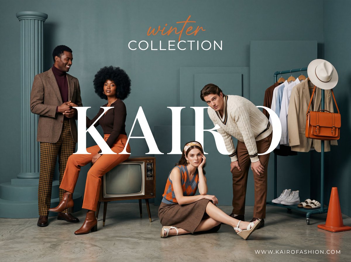 A wide-angle, studio fashion advertisement with a sophist...