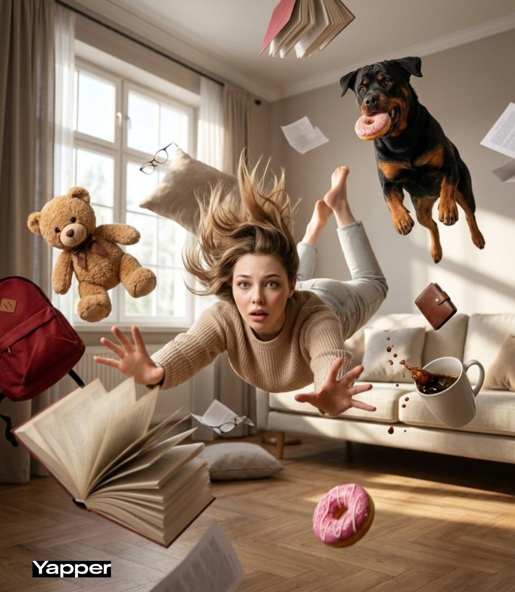 Cinematic surreal scene of a young woman falling forward ...