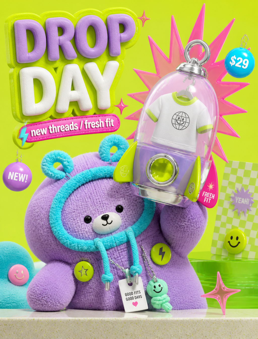 A glossy toy-advertising 3D style built from acid lime st...