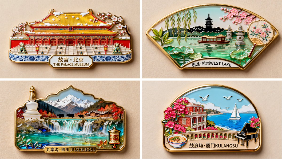 珐琅彩琉璃艺术风格，金属质感，制作一枚冰箱贴，写着"西湖·杭州 WEST LAKE"字样。冰箱贴以断桥拱形轮廓为基...