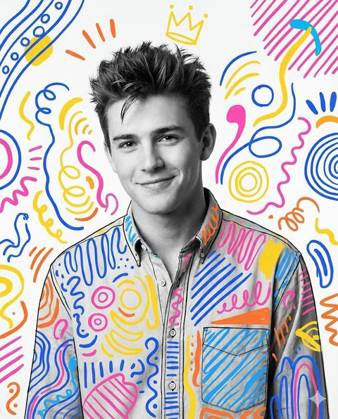 黑白人像叠加彩色涂鸦的创意波普艺术