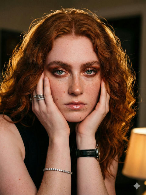 逆光金辉下的红发雀斑少女绝美肖像